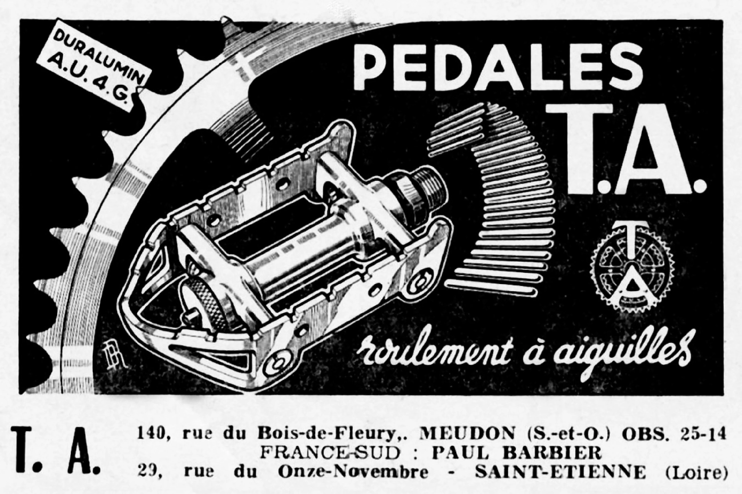 1952 black background advertisement for TA duralumin needle bearing pedals with technical cutaway illustration