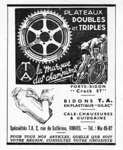 1957 French trade magazine advertisement showing TA chainrings bidon cage and touring accessories