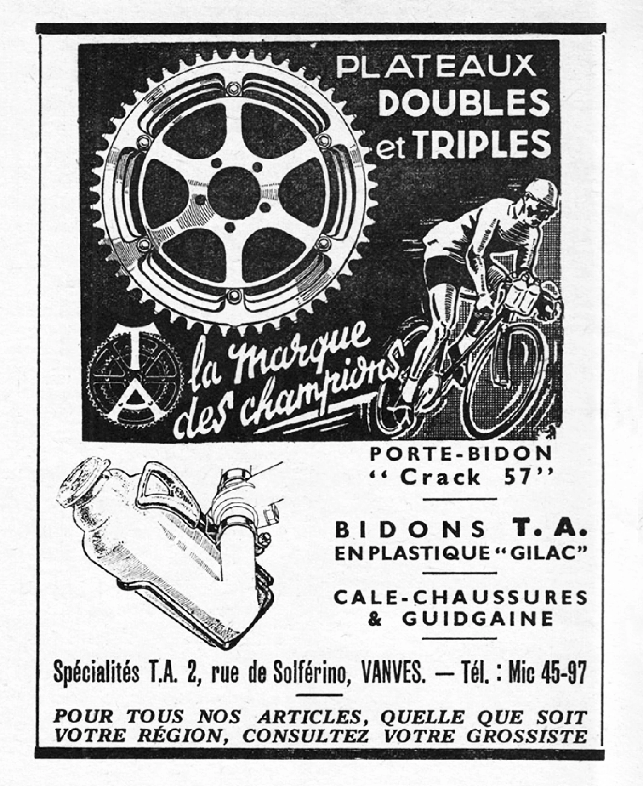 1957 French trade magazine advertisement showing TA chainrings bidon cage and touring accessories