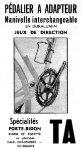 1963 advertisement for TA interchangeable duralumin crank arm headsets and bottle cage accessories