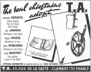 1965 advertisement naming champion cyclists Anquetil Janssen Riviere Stablinski and Meiffret as TA users
