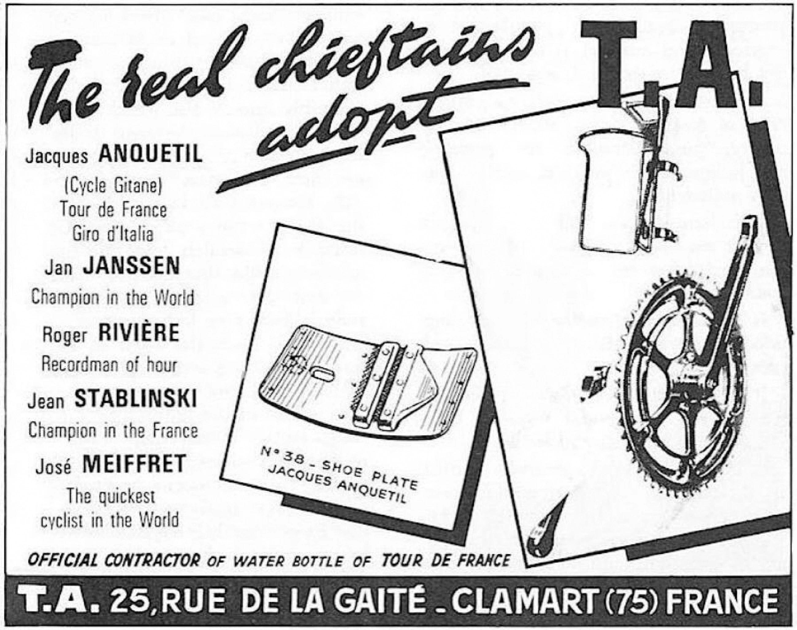 1965 advertisement naming champion cyclists Anquetil Janssen Riviere Stablinski and Meiffret as TA users