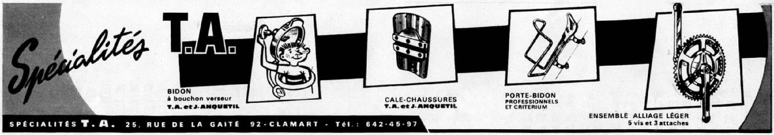 1969 advertisement for TA bidon and shoe plates with Jacques Anquetil endorsement and Tour de France mention
