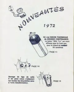 1972 TA catalog page announcing new thermal water bottle and seatpost clamp accessories