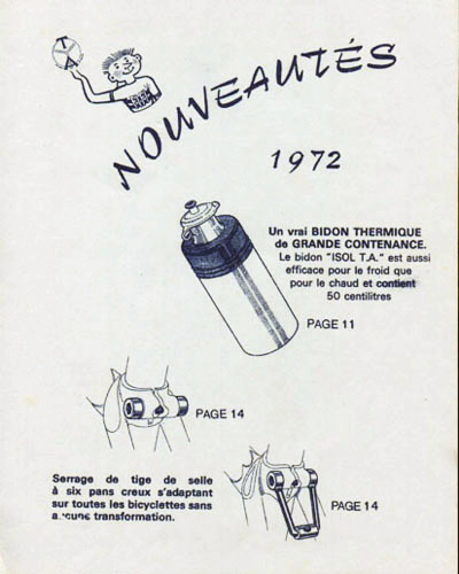 1972 TA catalog page announcing new thermal water bottle and seatpost clamp accessories