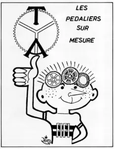 Whimsical illustration of a cartoon boy with chainrings for eyes beside a TA chainring logo and thumbs up