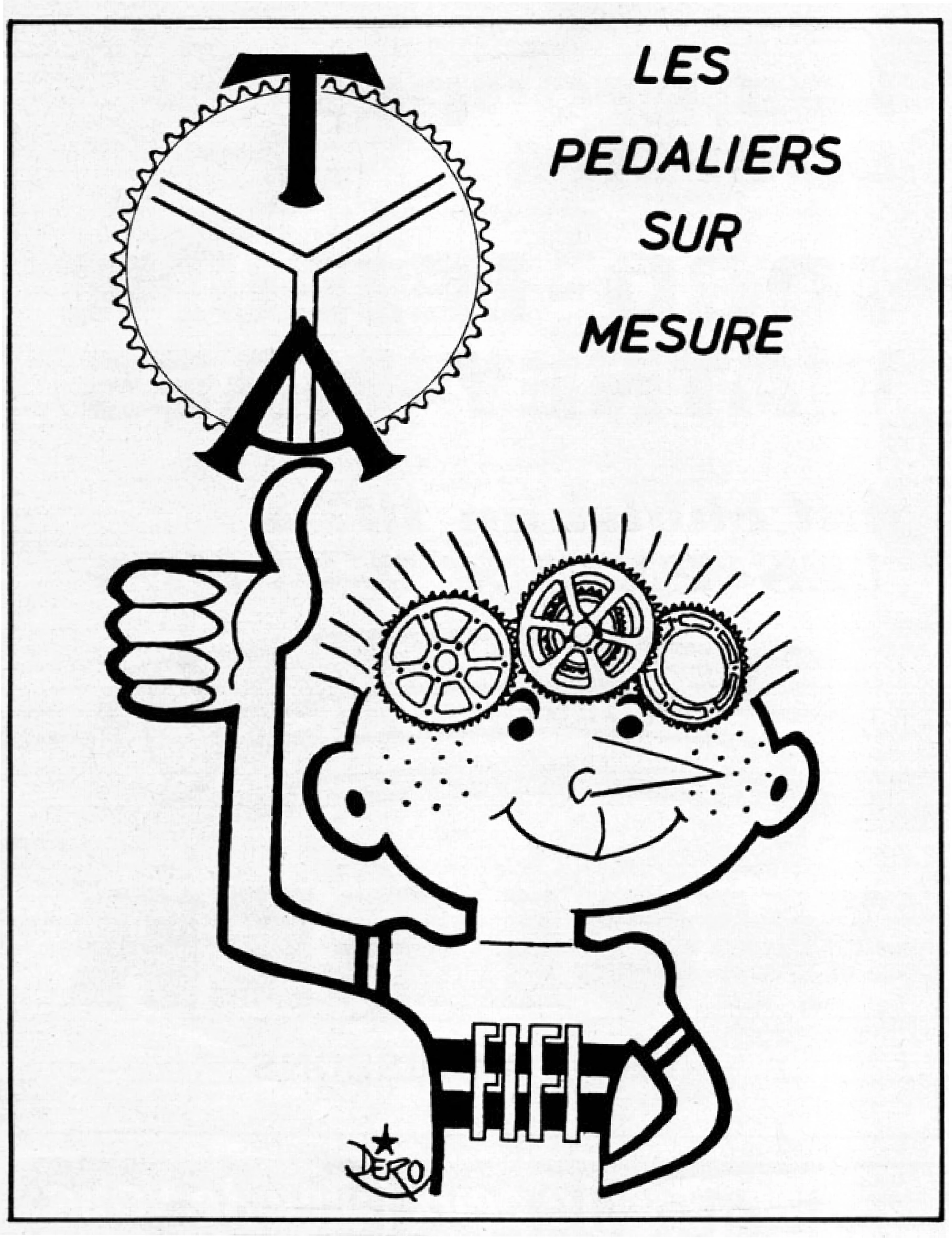Whimsical illustration of a cartoon boy with chainrings for eyes beside a TA chainring logo and thumbs up
