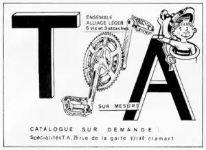 Advertisement with large T and A letterforms framing a line drawing of a light alloy crankset and pedal