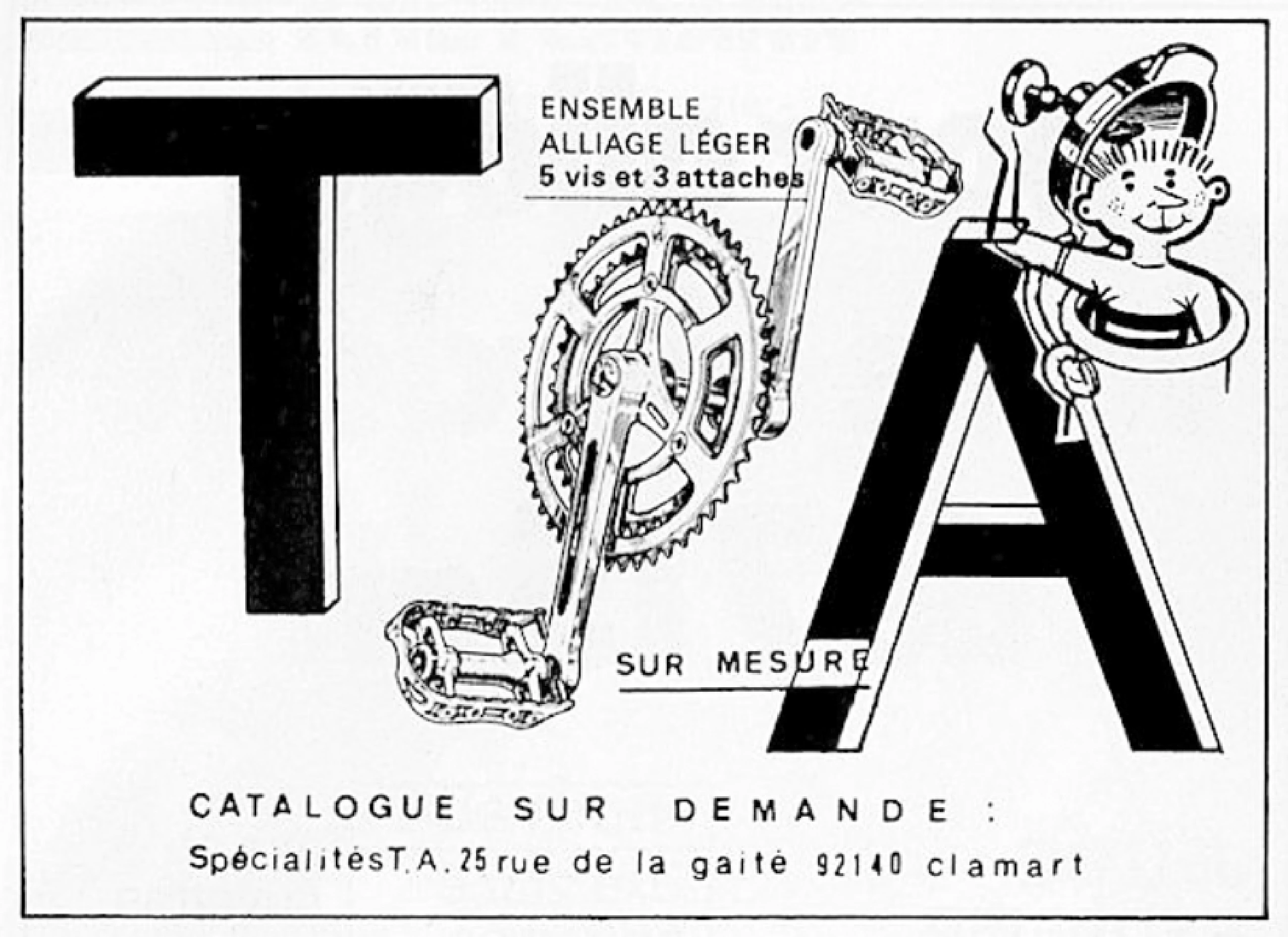 Advertisement with large T and A letterforms framing a line drawing of a light alloy crankset and pedal