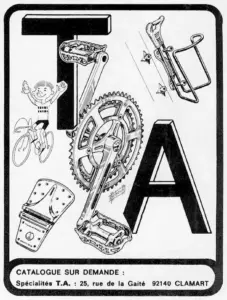 Advertisement with giant TA letters surrounded by drawings of crankset pedals bottle cage and tool kit