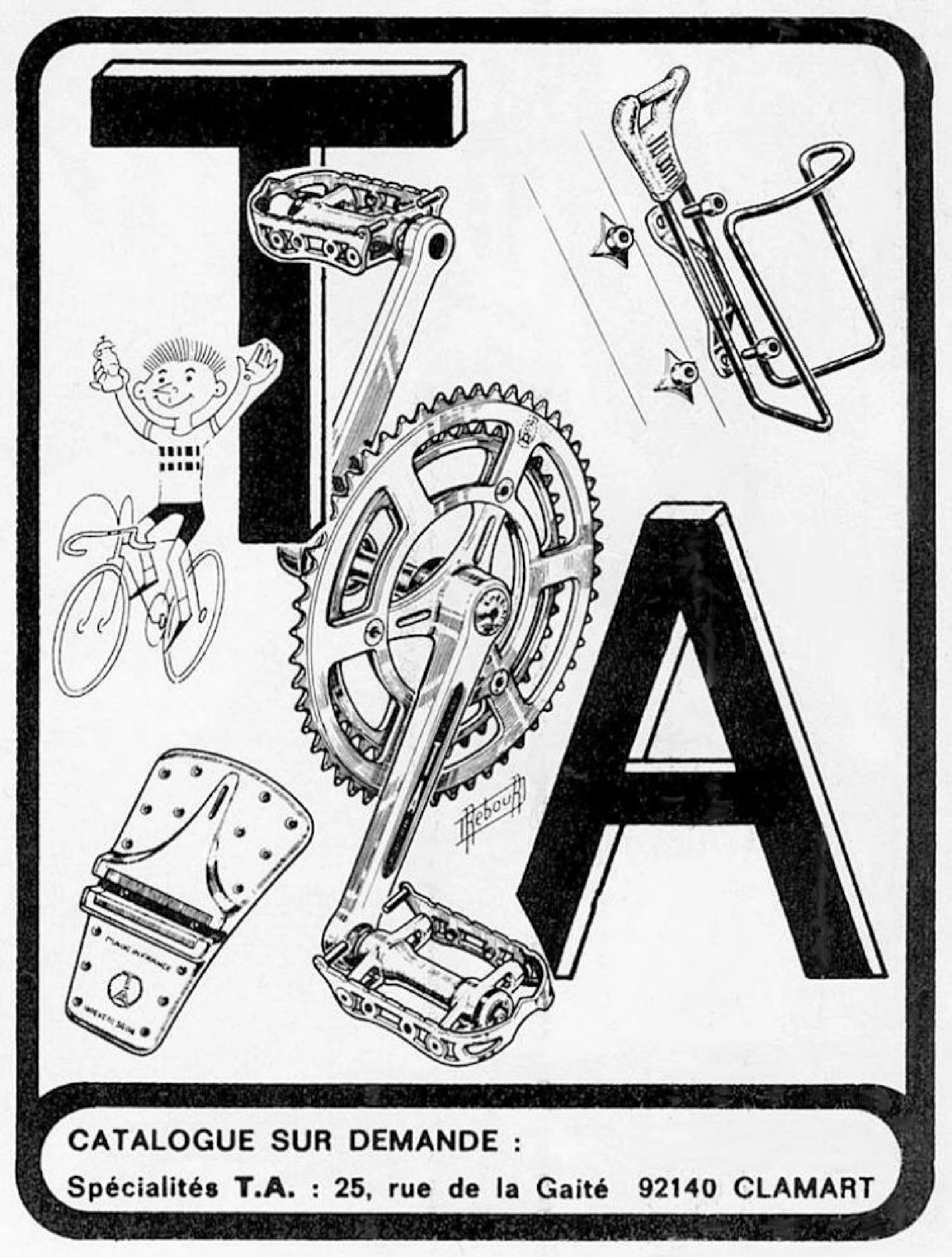 Advertisement with giant TA letters surrounded by drawings of crankset pedals bottle cage and tool kit
