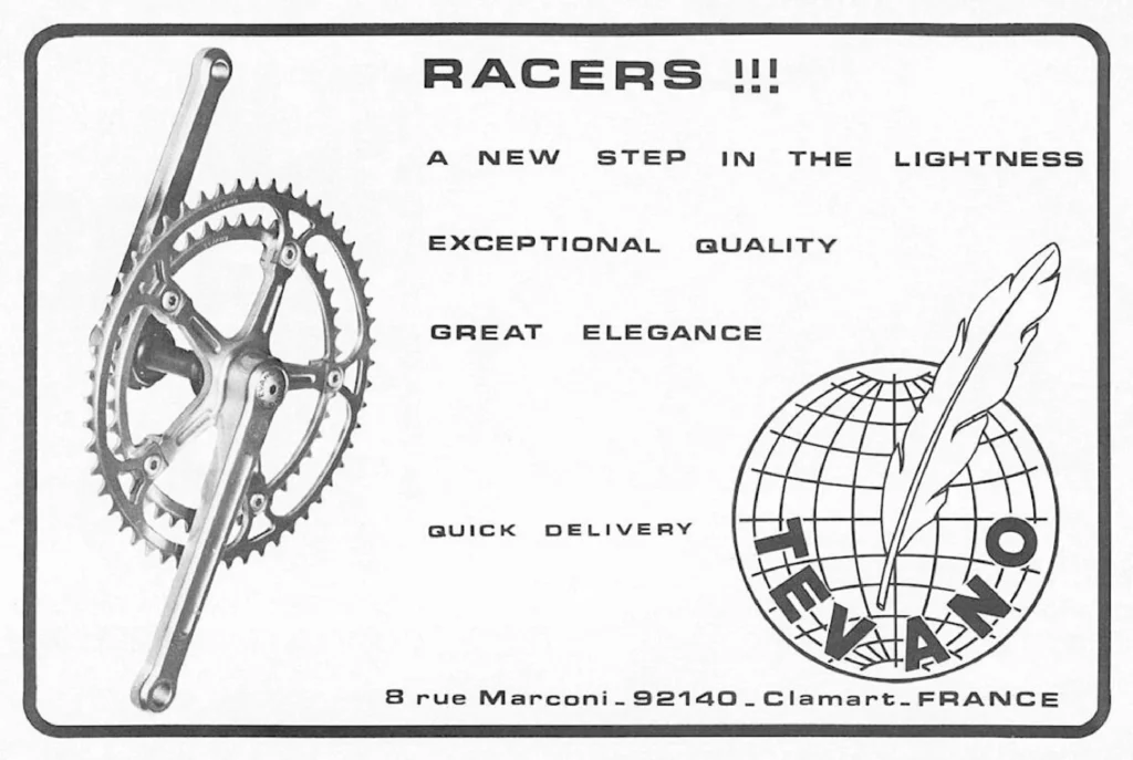 Advertisement for Tevano alloy racing crankset with Racers headline and globe and quill logo