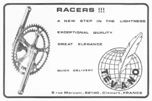 Advertisement for Tevano alloy racing crankset with Racers headline and globe and quill logo