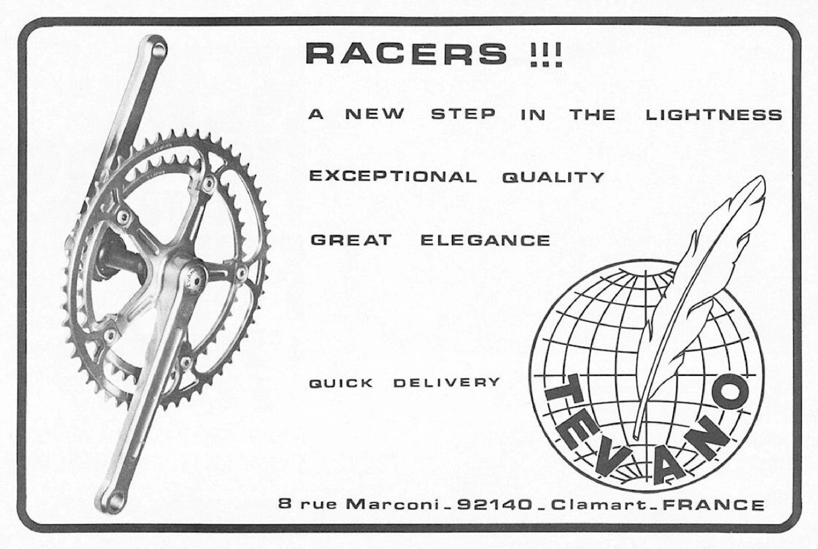 Advertisement for Tevano alloy racing crankset with Racers headline and globe and quill logo