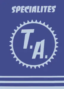 Dark blue 1983 Specialites TA catalog cover with pale blue chainring logo and wordmark