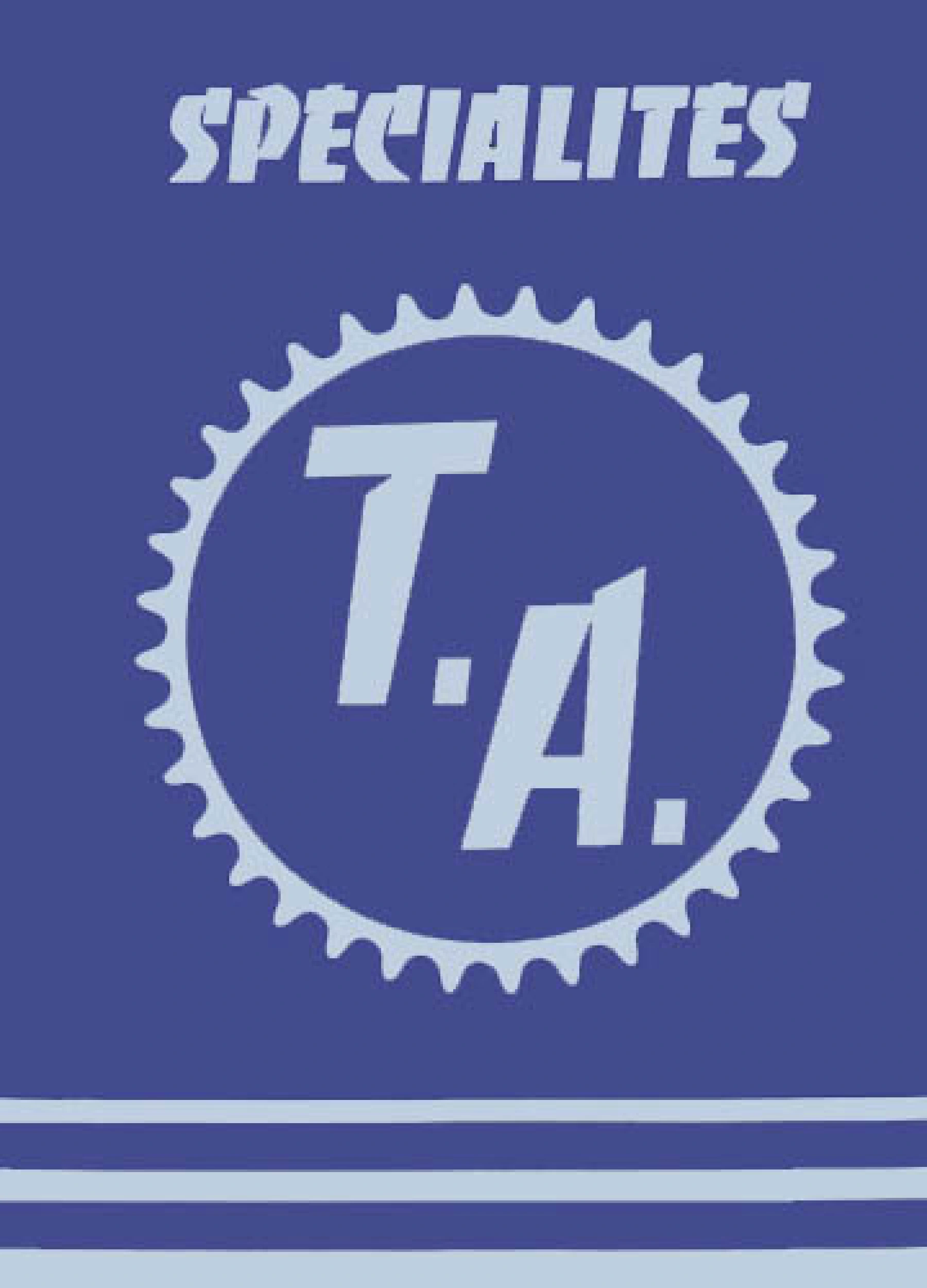 Dark blue 1983 Specialites TA catalog cover with pale blue chainring logo and wordmark