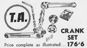 Exploded technical diagram of a complete TA crankset including chainring axle bearings and fasteners