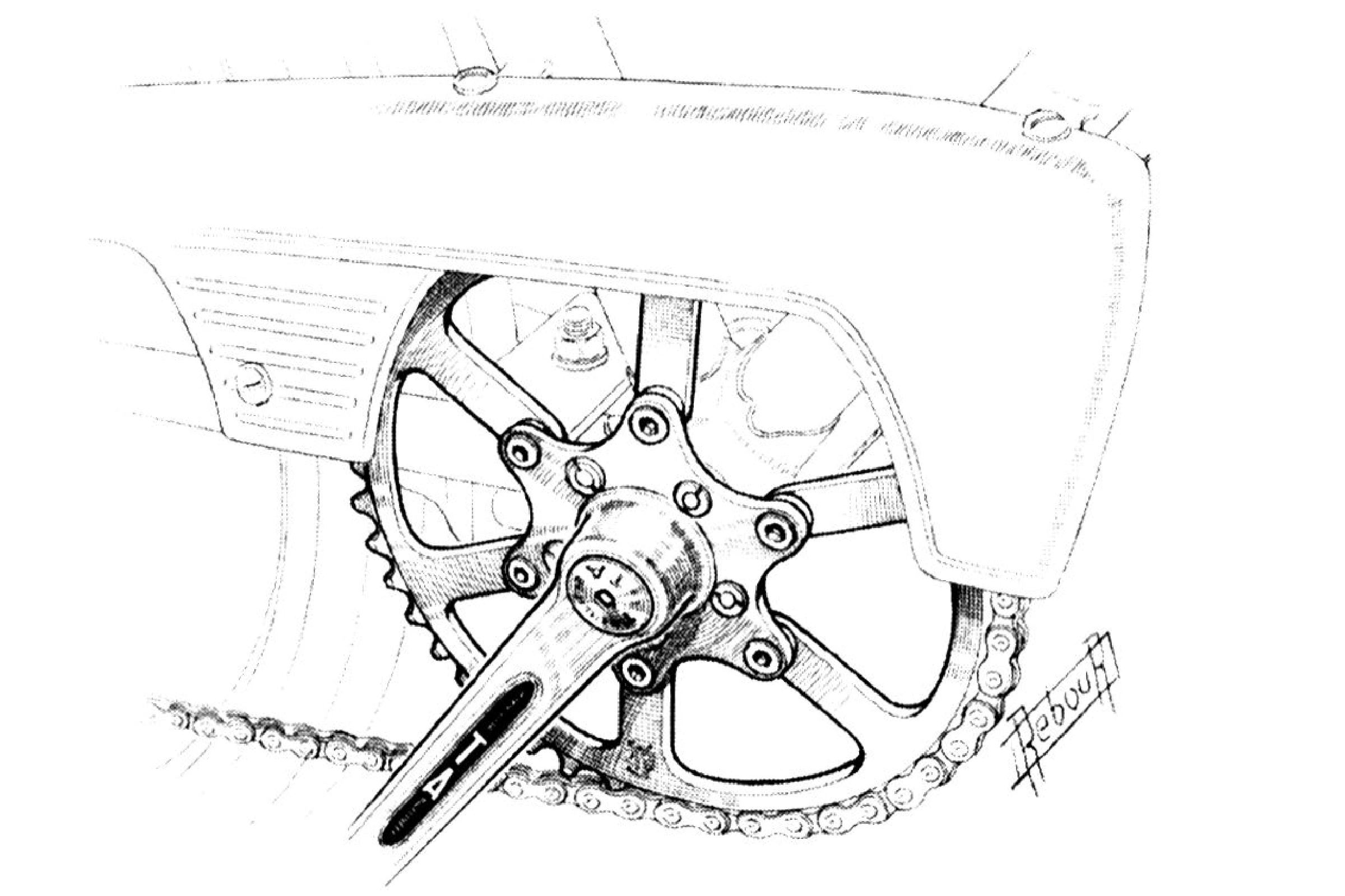 Daniel Rebour pen illustration of a TA crankset mounted on a bicycle frame with chain and chainguard visible