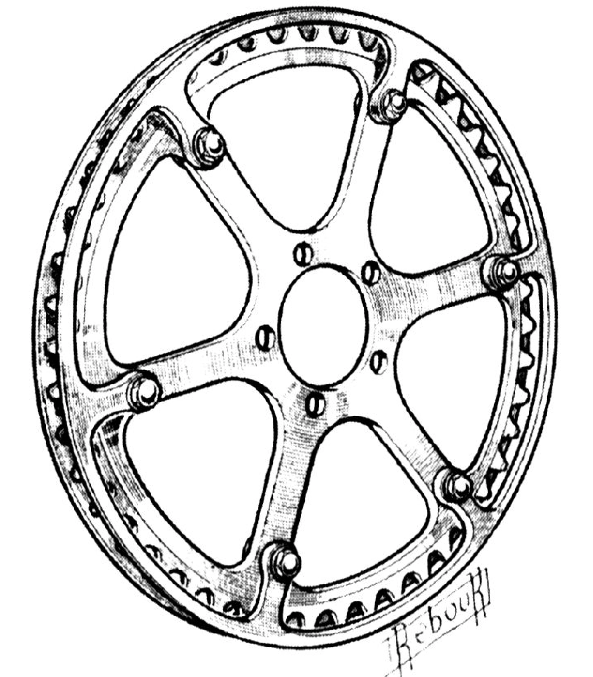 Daniel Rebour pen and ink illustration of a five arm aluminum bicycle chainring and spider assembly face on