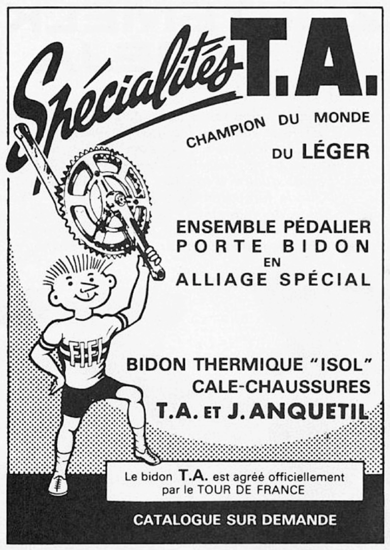 Illustrated advertisement with cartoon mascot Fifi holding aloft a TA crankset with integrated bottle cage mount, TA Champion du Monde du Leger