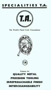 Advertisement with TA gear logo tagline about cycle transmission quality and a Rebour crankset drawing