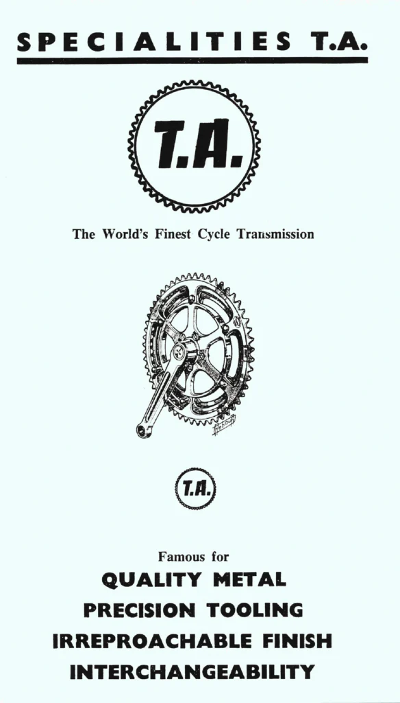 Advertisement with TA gear logo tagline about cycle transmission quality and a Rebour crankset drawing