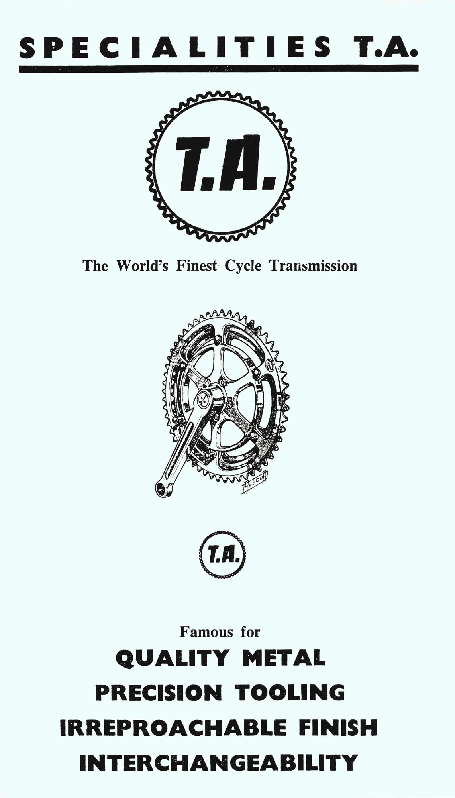 Advertisement with TA gear logo tagline about cycle transmission quality and a Rebour crankset drawing