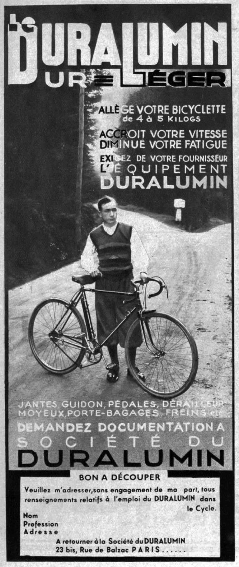 Duralumin 1935 Advertisement — Allège Votre Bicyclette de 4 à 5 Kilogs — page 1 of 1