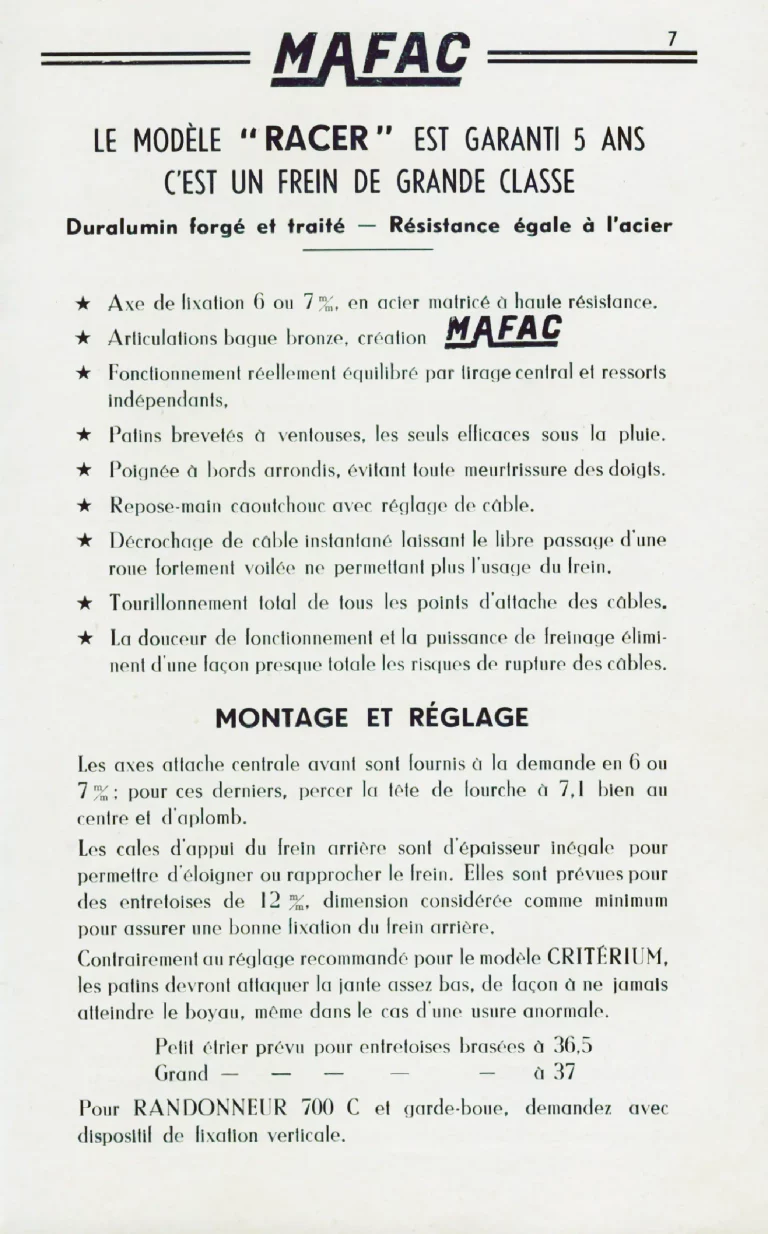 Mafac 1950s Catalog — Brakes for Cycles & Cyclomoteurs — page 7 of 15