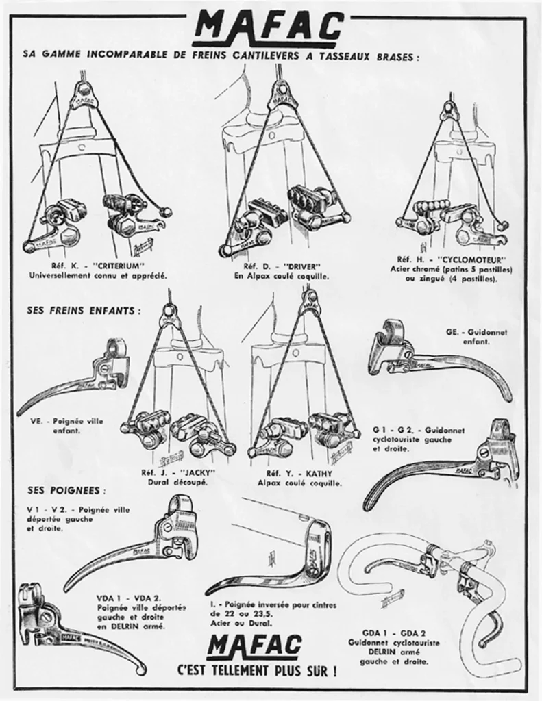 A page of the 1964 Mafac catalog headed Sa gamme incomparable de freins cantilevers à tasseaux brasés: Rebour drawings of the Réf. K Critérium, the Réf. D Driver in cast Alpax, the Réf. H Cyclomoteur in chromed or zinc-plated steel and the children's Réf. J Jacky and Réf. Y Kathy, with levers below, among them the VDA and GDA in reinforced Delrin
