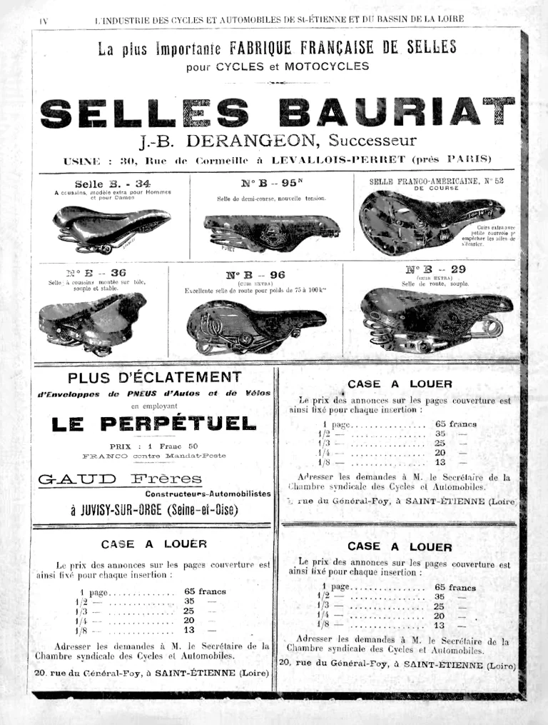 Page IV of the 1902 trade annual L'Industrie des Cycles et Automobiles, advertising Selles Bauriat under J.-B. Derangeon with six saddle models including the Franco-Américaine No. 52 racing pattern