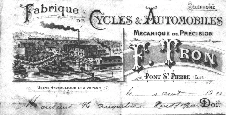 F. Tron letterhead of 1 August 1910 from Pont-Saint-Pierre in the Eure, engraved with a view of the hydraulic and steam works and completed as a handwritten invoice