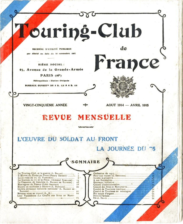 Cover of the Touring Club de France Revue Mensuelle for August 1914 to April 1915, framed in tricolor diagonal stripes over a table of contents headed L'Œuvre du Soldat au Front