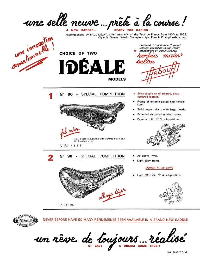 Page one of the 1969 Idéale No. 90 brochure, offering the Special Competition saddle in steel or light alloy, stamped rôdée main selon Rebour and recommended by Tour de France chief mechanic Paul Delay