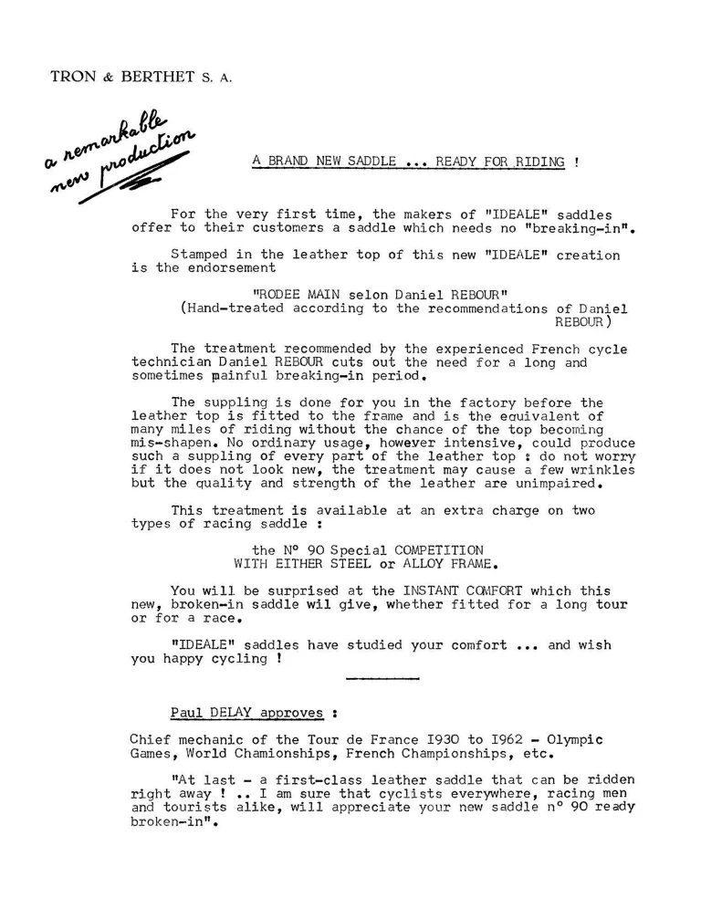 Page two of the 1969 Idéale brochure, a typed Tron & Berthet letter explaining the rôdée main treatment devised by Daniel Rebour that suppled the leather in the factory so the saddle needed no breaking in