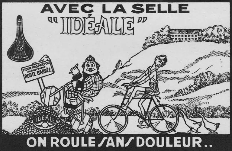 Monochrome version of the Idéale cartoon advertisement, on roule sans douleur, showing a rider jolting across a barred road detour beside a rider gliding past a chateau on smooth ground