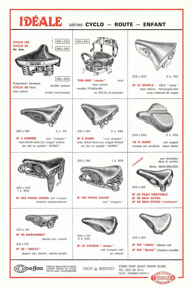 Geffac export sheet for the Idéale Cyclo, Route and Enfant series, ranging from the sprung Cyclo 125 and Tan-Sad Junior to the No. 303 heavyweight and the moulded No. 130 Nortal