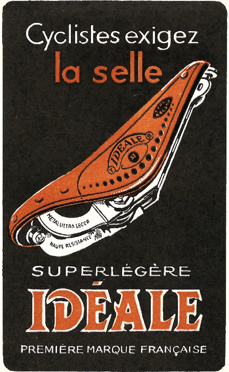 Advertising card reading Cyclistes exigez la selle superlégère Idéale, première marque française, over an orange saddle on a frame lettered métal ultra léger, haute résistance