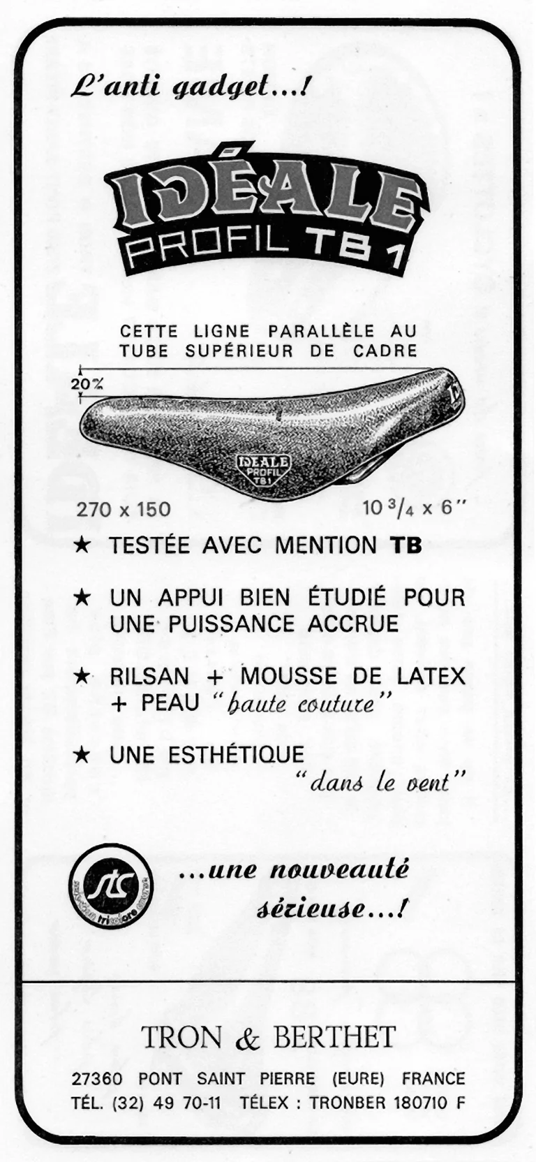 Advertisement for the Idéale Profil TB 1 headed l'anti gadget, listing its 270 by 150 mm top in Rilsan, latex foam and haute couture hide, from Tron & Berthet at Pont Saint Pierre