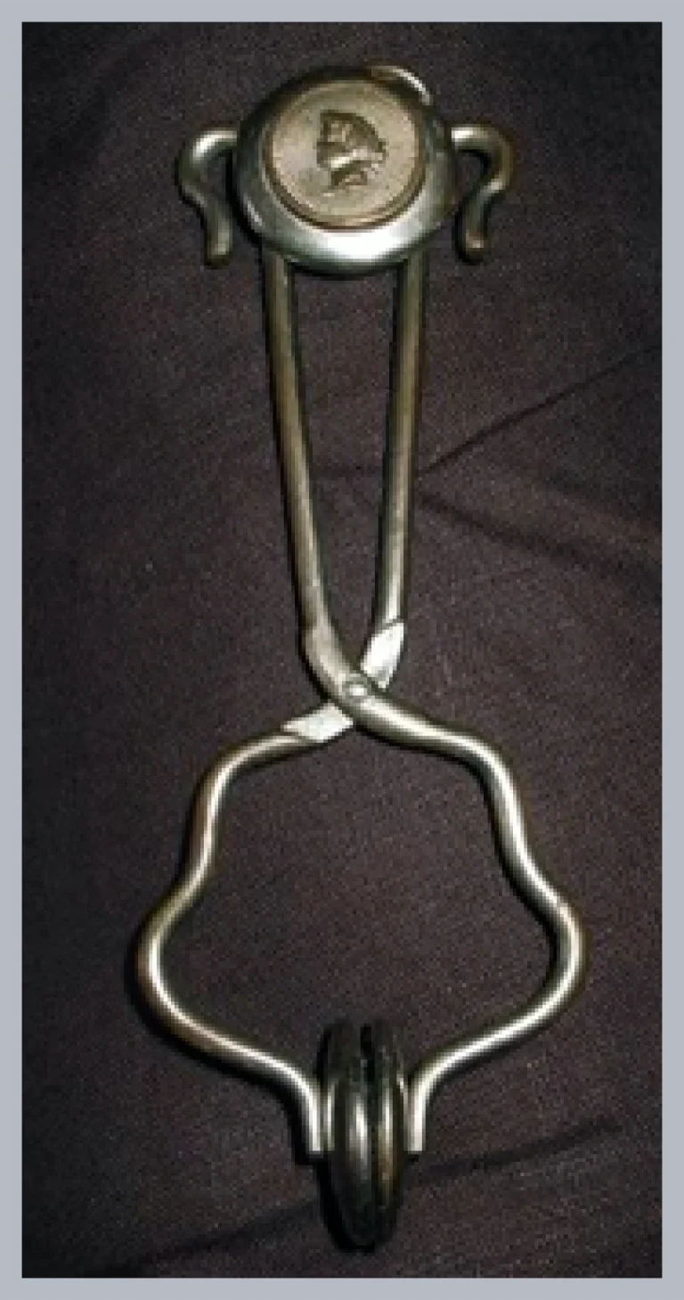 A nickel plated J.F. Tron saute-ruisseau skirt holder, its looped wire guard hanging below a round medallion embossed with a profile head