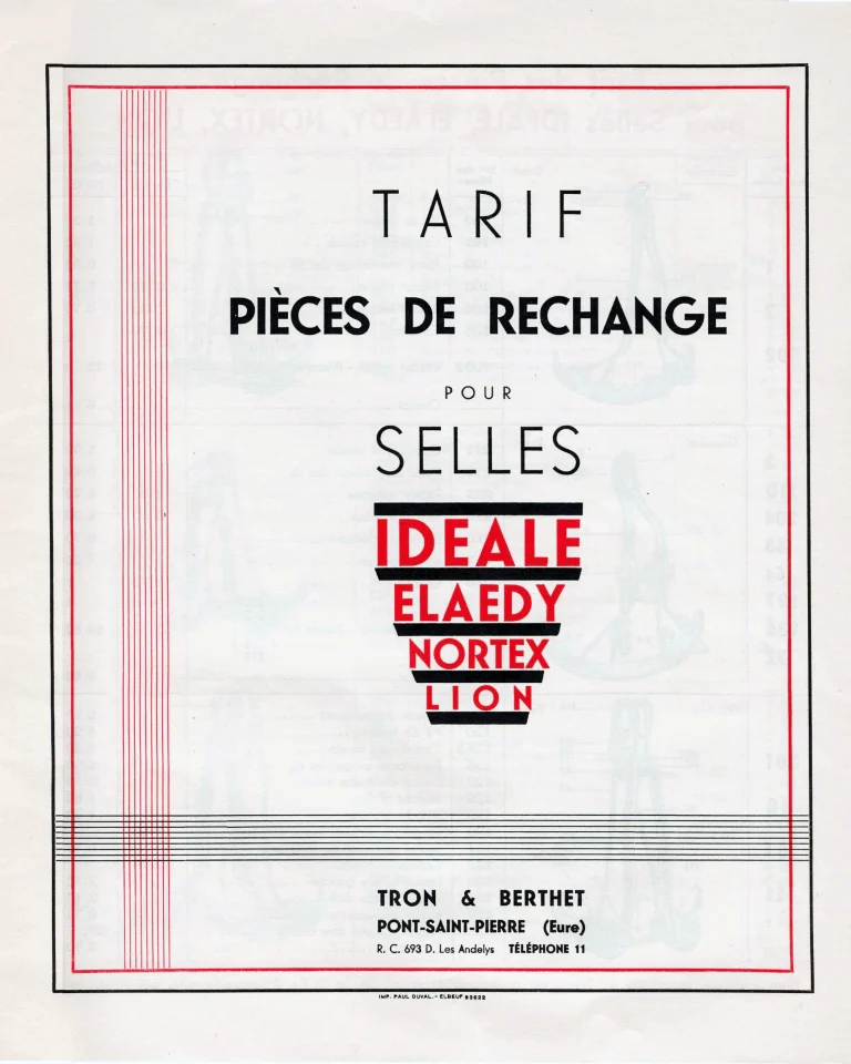 Idéale Catalog — Tron & Berthet Tarif, Pièces de Rechange pour Selles Idéale, Elaedy, Nortex and Lion — page 1 of 1