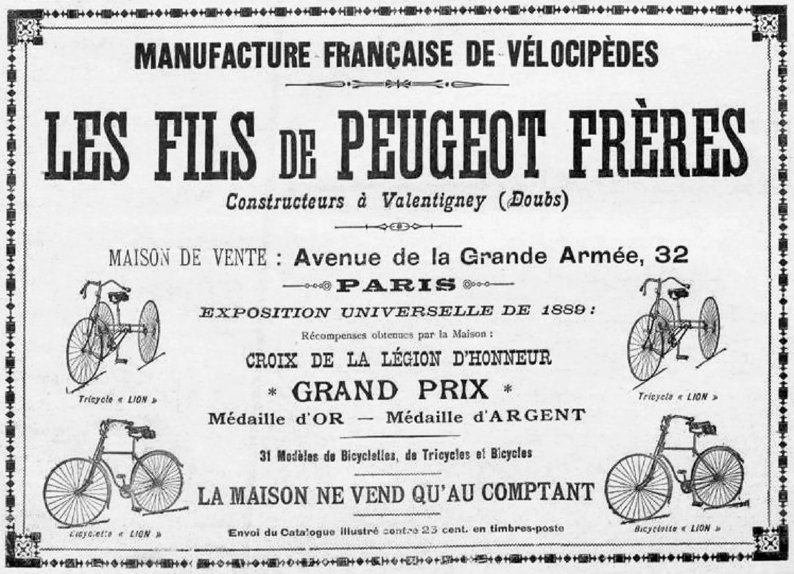 1890 Les Fils Peugeot Frères vélocipèdes advertisement