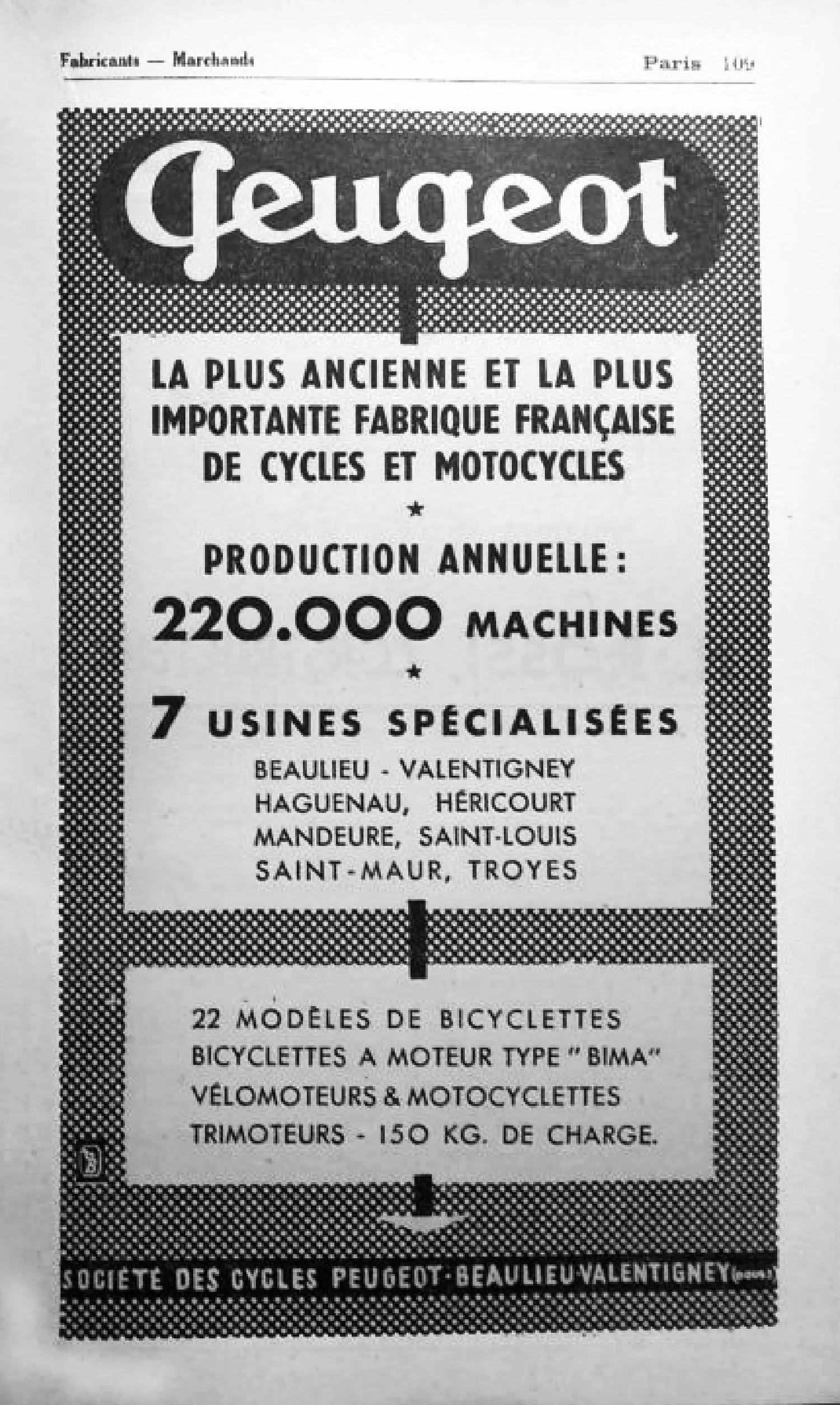 1953 Cycles Peugeot advertisement, Bottin du Cycle et de la Moto, page 109