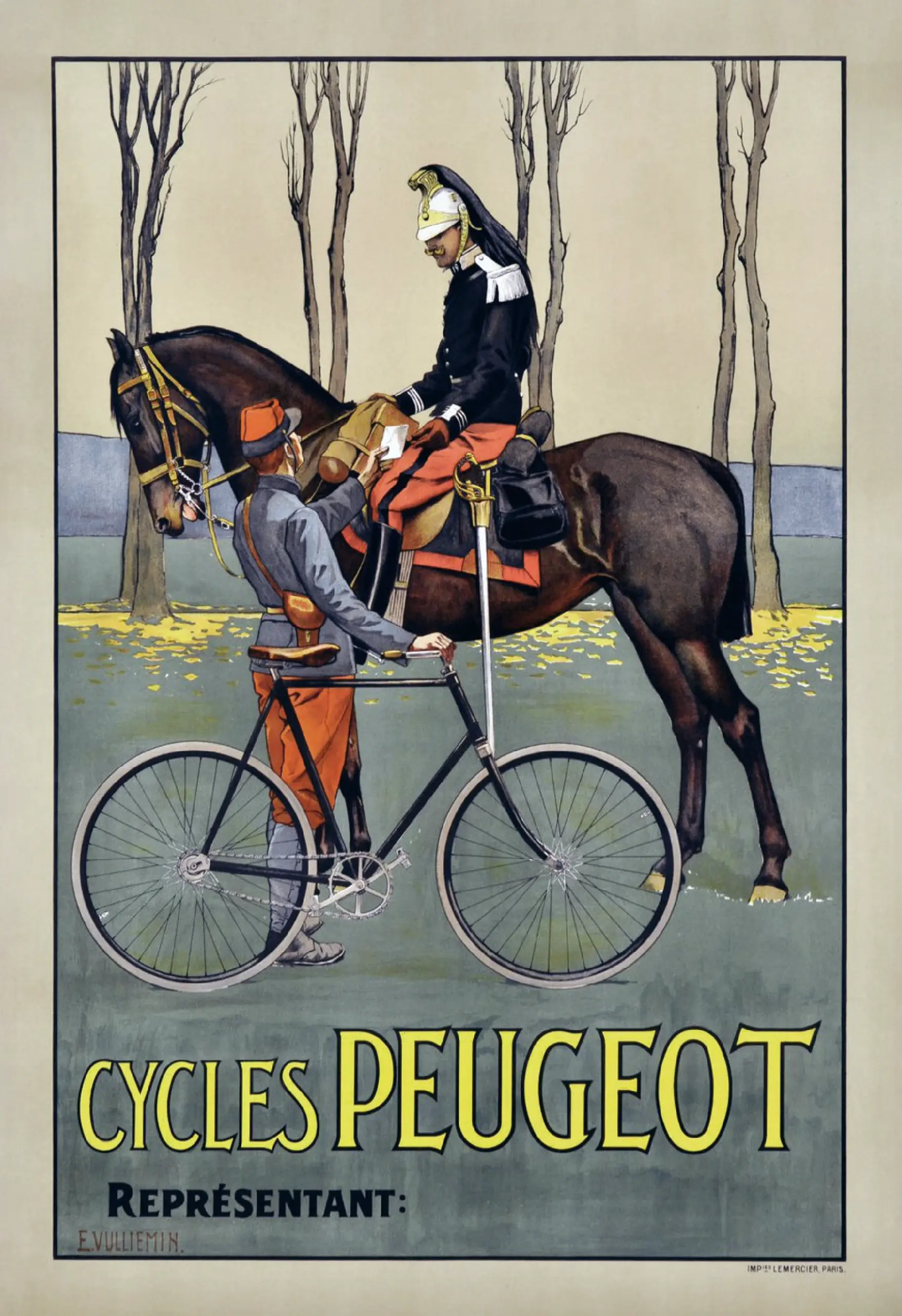 c.1908 Cycles Peugeot E. Vuillemin mail cavalry advertisement