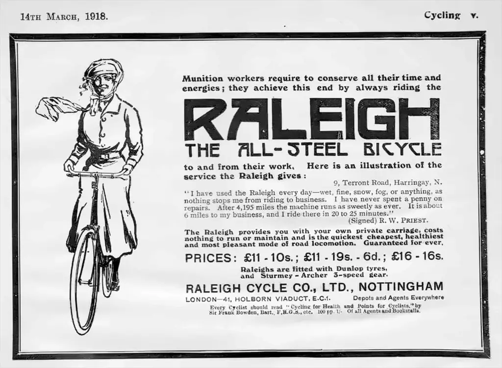 Wartime magazine advertisement showing a woman riding a Raleigh bicycle, headed Munition workers require to conserve all their time and energies