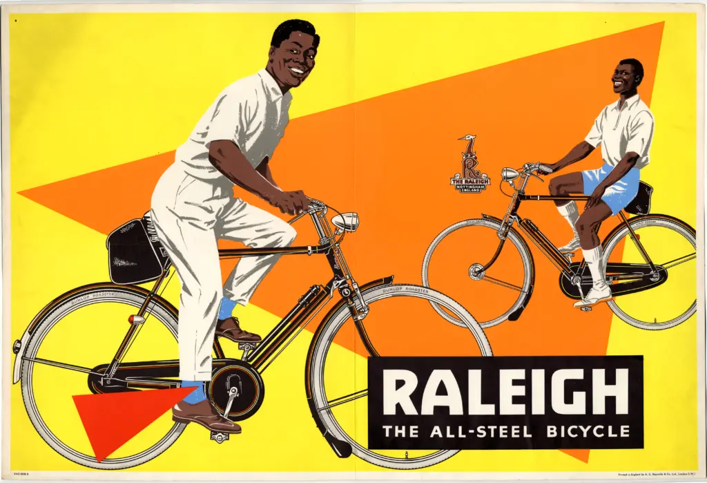 Color lithograph poster of two riders on black Raleigh roadsters against yellow and orange fields, with the heron-head badge and the words Raleigh The All-Steel Bicycle