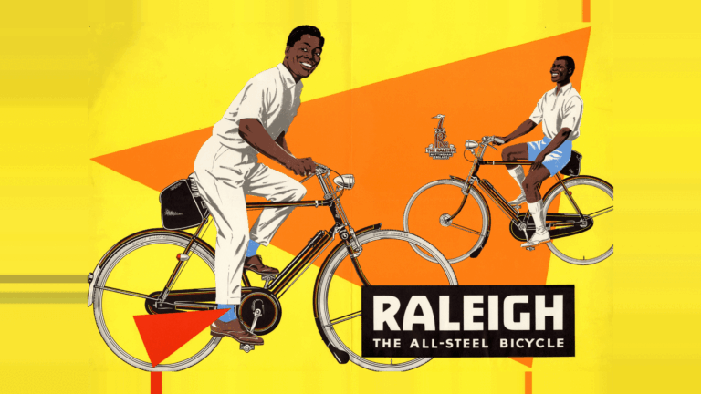 Color lithograph poster of two riders on black Raleigh roadsters against yellow and orange fields, with the heron-head badge and the words Raleigh The All-Steel Bicycle