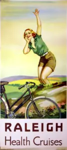 Color lithograph poster of a woman in shorts waving on a hillside beside a black Raleigh bicycle, headed Raleigh Health Cruises