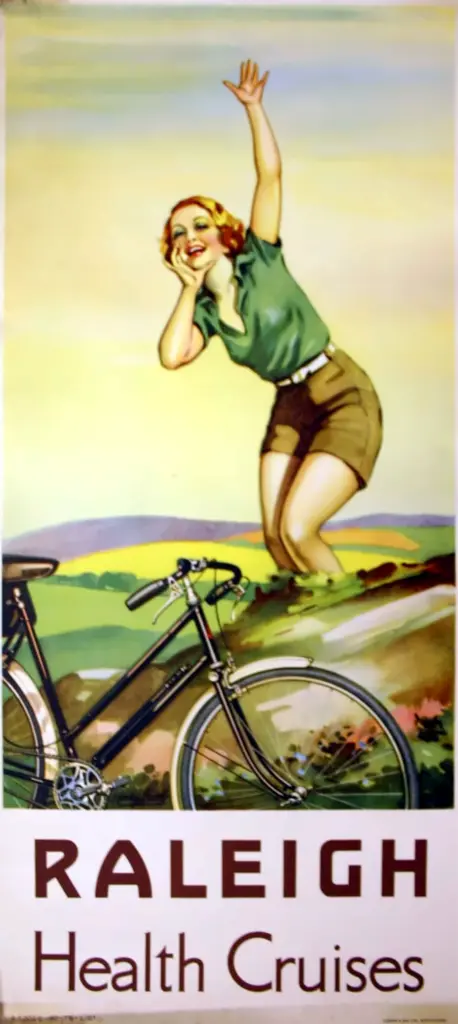 Color lithograph poster of a woman in shorts waving on a hillside beside a black Raleigh bicycle, headed Raleigh Health Cruises