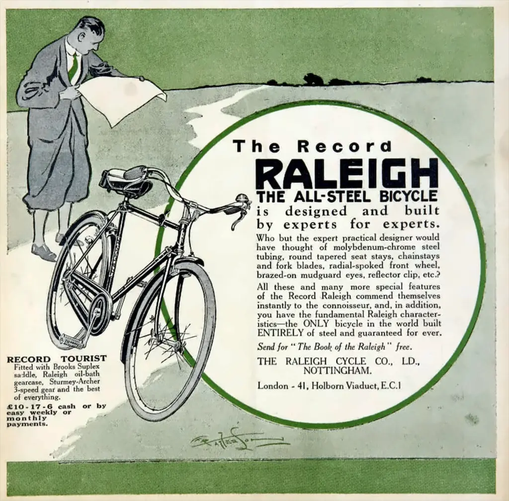 Green and black press advertisement headed The Record Raleigh The All-Steel Bicycle is designed and built by experts for experts, showing a Record Tourist bicycle